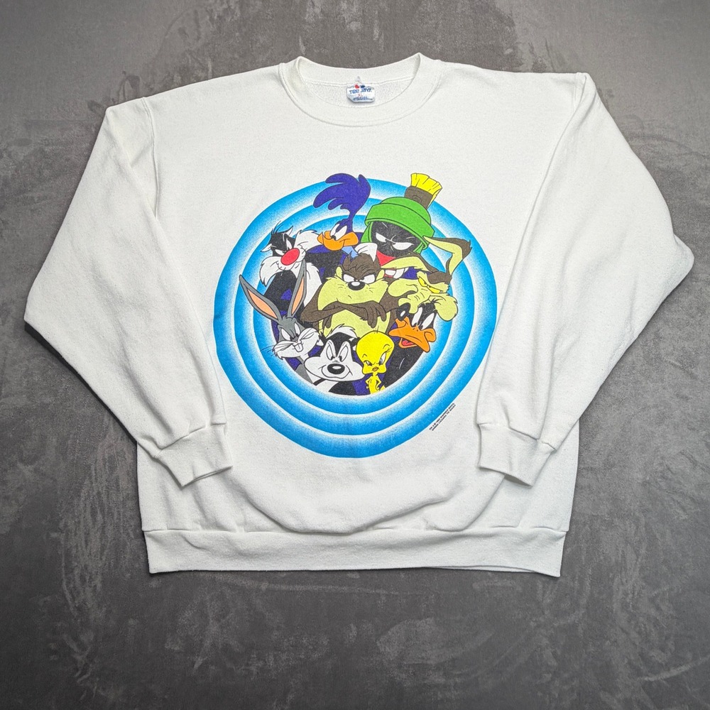 Tee Jays Looney Tunes Sweatshirt Mens XL White 1993 Vintage Double Sided Graphic